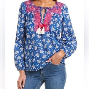 J.Crew Blue & Pink Embroidered Blouse